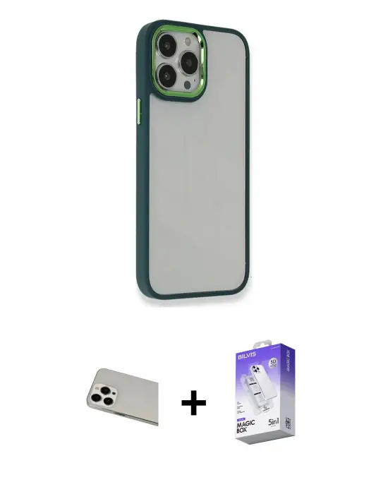ieg™ iPhone 13 Pro Max Kılıf Eksen Doku Prime - Siyah Bilvis 5in1 3D Magic Cam Ekran Koruyucu + Rainbow Kamera Lens Koruma Cam - BZ