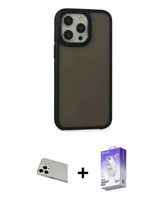 ieg™ iPhone 13 Pro Max Kılıf Eksen Işık - Siyah Bilvis 5in1 3D Magic Cam Ekran Koruyucu + Rainbow Kamera Lens Koruma Cam - BZ