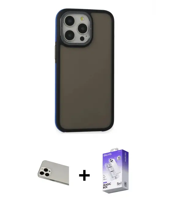 ieg™ iPhone 13 Pro Max Kılıf Eksen Işık - Siyah Bilvis 5in1 3D Magic Cam Ekran Koruyucu + Rainbow Kamera Lens Koruma Cam - BZ