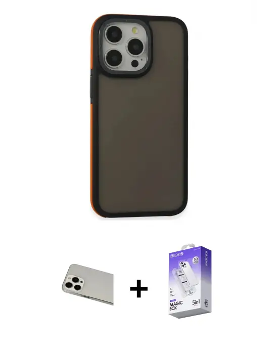 ieg™ iPhone 13 Pro Max Kılıf Eksen Işık - Siyah Bilvis 5in1 3D Magic Cam Ekran Koruyucu + Rainbow Kamera Lens Koruma Cam - BZ