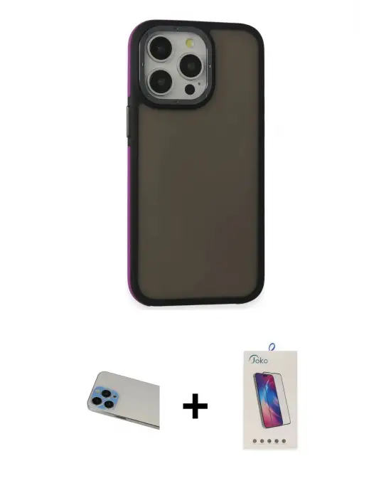 ieg™ iPhone 13 Pro Max Kılıf Eksen Işık - Siyah Joko 5D Cam + Rainbow Kamera Lens Koruma Cam - MI
