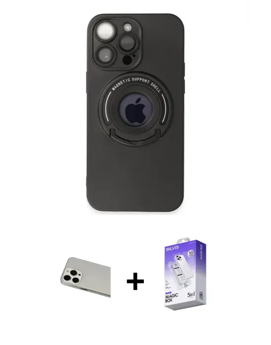 ieg™ iPhone 13 Pro Max Kılıf Eksen Klasik Prime - Siyah Bilvis 5in1 3D Magic Cam Ekran Koruyucu + Rainbow Kamera Lens Koruma Cam - BZ