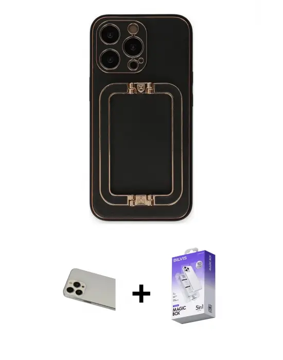 ieg™ iPhone 13 Pro Max Kılıf Kozmos Minimal Prime - Siyah Bilvis 5in1 3D Magic Cam Ekran Koruyucu + Rainbow Kamera Lens Koruma Cam - REGD