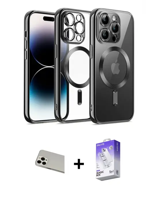 ieg™ iPhone 13 Pro Max Kılıf Nova Işık Özel Seri - Siyah Bilvis 5in1 3D Magic Cam Ekran Koruyucu + Rainbow Kamera Lens Koruma Cam - BZ
