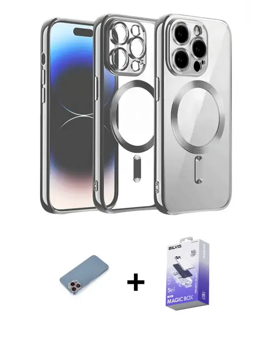 ieg™ iPhone 13 Pro Max Kılıf Nova Işık Özel Seri - Siyah Bilvis 5in1 5D Magic Hayalet Cam Ekran Koruyucu + Shine Kamera Lens Koruma Cam - PE