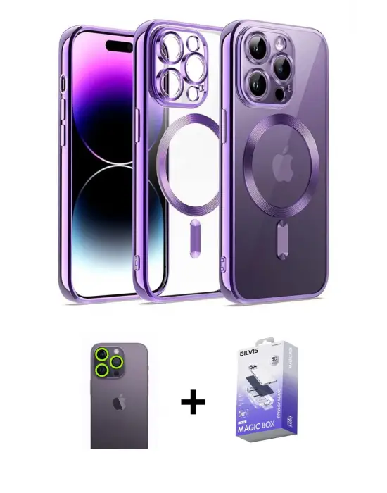 ieg™ iPhone 13 Pro Max Kılıf Nova Işık Özel Seri - Siyah Bilvis 5in1 5D Magic Hayalet Cam Ekran Koruyucu + Neon Fosforlu Kamera Lens - YL
