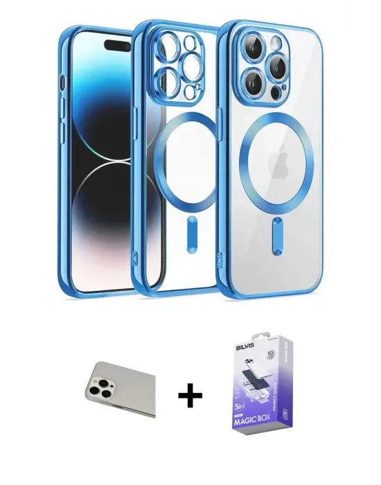 ieg™ iPhone 13 Pro Max Kılıf Nova Işık Özel Seri - Siyah Bilvis 5in1 5D Magic Hayalet Cam Ekran Koruyucu + Rainbow Kamera Lens Koruma Cam - BZ