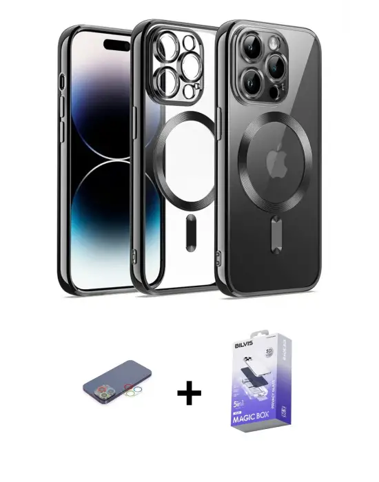ieg™ iPhone 13 Pro Max Kılıf Nova Işık Özel Seri - Siyah Bilvis 5in1 5D Magic Hayalet Cam Ekran Koruyucu + Renkli Kamera Lens Koruma Cam - MI