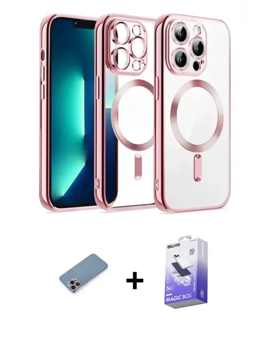 ieg™ iPhone 13 Pro Max Kılıf Nova Işık Özel Seri - Siyah Bilvis 5in1 5D Magic Hayalet Cam Ekran Koruyucu + Shine Kamera Lens Koruma Cam - PE