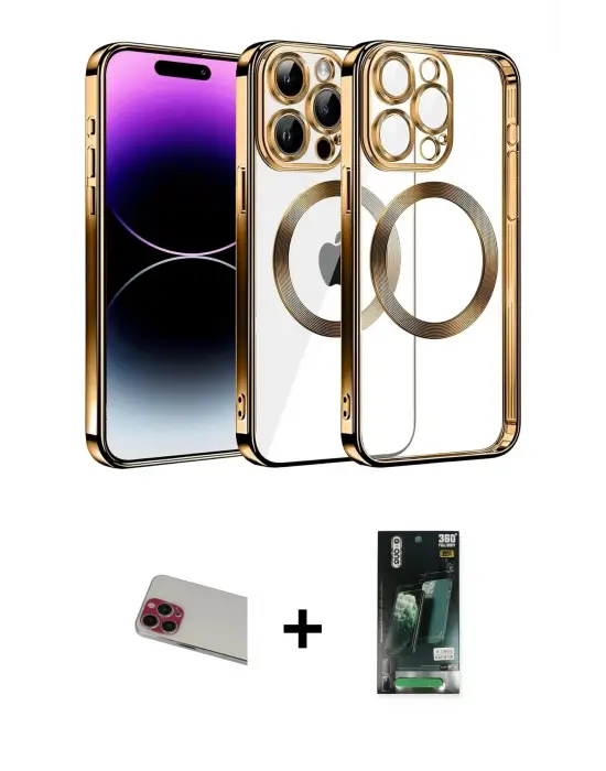 ieg™ iPhone 13 Pro Max Kılıf Pusula Form - Şeffaf 360 Full Body Arka Koruyucu + Rainbow Kamera Lens Koruma Cam - KI