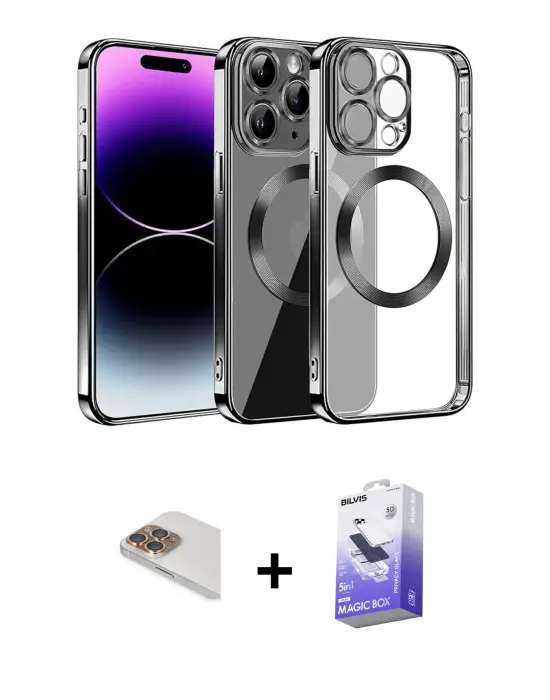 ieg™ iPhone 13 Pro Max Kılıf Pusula Form - Siyah Bilvis 5in1 5D Magic Hayalet Cam Ekran Koruyucu + Pers Alüminyum Kamera Lens - GD