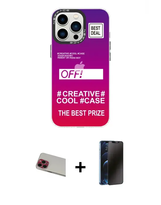 ieg™ iPhone 13 Pro Max Kılıf Siluet Çizgi Koleksiyonu - Siyah 3D Antistatik Hayalet Cam Ekran Koruyucu + Rainbow Kamera Lens Koruma Cam - KI