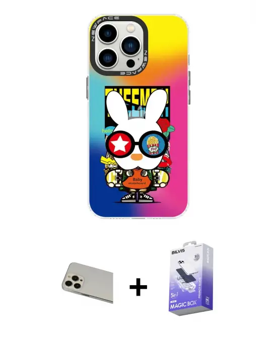 ieg™ iPhone 13 Pro Max Kılıf Siluet Çizgi Koleksiyonu - Siyah Bilvis 5in1 5D Magic Hayalet Cam Ekran Koruyucu + Rainbow Kamera Lens Koruma Cam - REGD