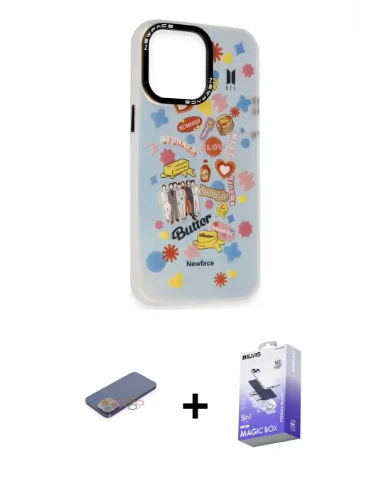 ieg™ iPhone 13 Pro Max Kılıf Siluet Çizgi Koleksiyonu - Siyah Bilvis 5in1 5D Magic Hayalet Cam Ekran Koruyucu + Renkli Kamera Lens Koruma Cam - PE