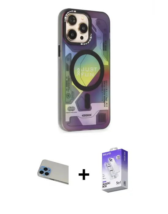 ieg™ iPhone 13 Pro Max Kılıf Siluet Modern Koleksiyonu - Siyah Bilvis 5in1 3D Magic Cam Ekran Koruyucu + Rainbow Kamera Lens Koruma Cam - MI