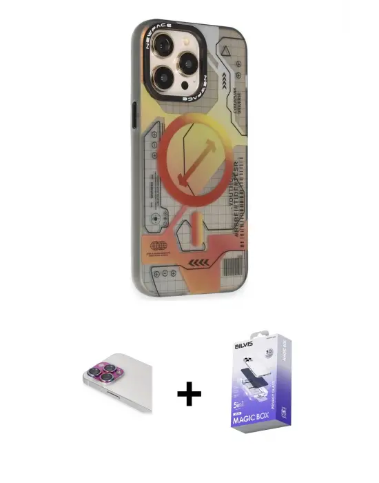 ieg™ iPhone 13 Pro Max Kılıf Siluet Modern Koleksiyonu - Siyah Bilvis 5in1 5D Magic Hayalet Cam Ekran Koruyucu + Pers Alüminyum Kamera Lens - GI