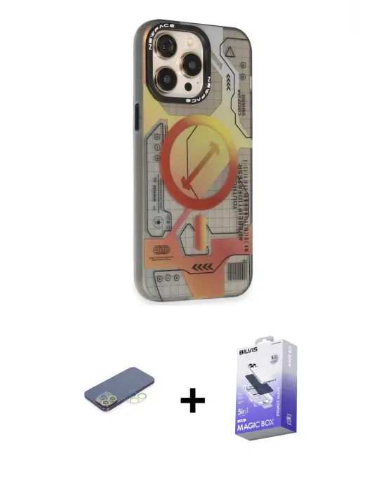ieg™ iPhone 13 Pro Max Kılıf Siluet Modern Koleksiyonu - Siyah Bilvis 5in1 5D Magic Hayalet Cam Ekran Koruyucu + Renkli Kamera Lens Koruma Cam - YL