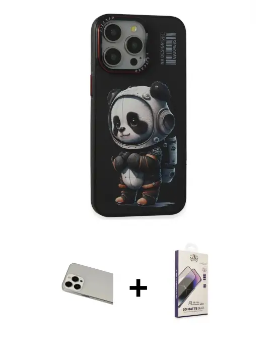 ieg™ iPhone 13 Pro Max Kılıf Siluet Modern Özel Seri - Siyah Bilvis 3D Mat Cam Ekran Koruyucu + Rainbow Kamera Lens Koruma Cam - BZ