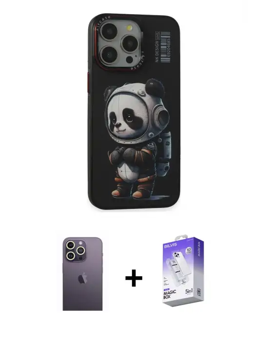 ieg™ iPhone 13 Pro Max Kılıf Siluet Modern Özel Seri - Siyah Bilvis 5in1 3D Magic Cam Ekran Koruyucu + Neon Fosforlu Kamera Lens - BZ