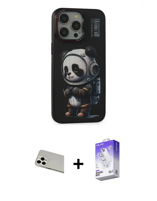 ieg™ iPhone 13 Pro Max Kılıf Siluet Modern Özel Seri - Siyah Bilvis 5in1 3D Magic Cam Ekran Koruyucu + Rainbow Kamera Lens Koruma Cam - BZ