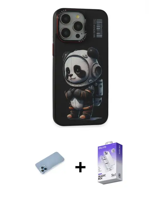 ieg™ iPhone 13 Pro Max Kılıf Siluet Modern Özel Seri - Siyah Bilvis 5in1 3D Magic Cam Ekran Koruyucu + Shine Kamera Lens Koruma Cam - MI