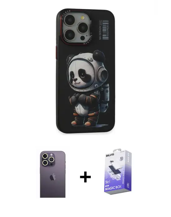ieg™ iPhone 13 Pro Max Kılıf Siluet Modern Özel Seri - Siyah Bilvis 5in1 5D Magic Hayalet Cam Ekran Koruyucu + Neon Fosforlu Kamera Lens - BZ
