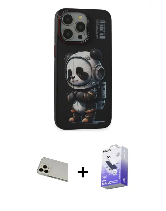 ieg™ iPhone 13 Pro Max Kılıf Siluet Modern Özel Seri - Siyah Bilvis 5in1 5D Magic Hayalet Cam Ekran Koruyucu + Rainbow Kamera Lens Koruma Cam - REGD