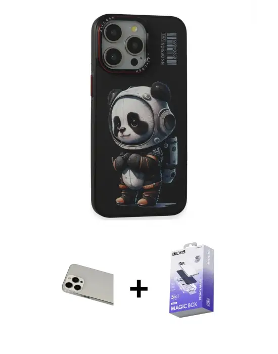 ieg™ iPhone 13 Pro Max Kılıf Siluet Modern Özel Seri - Siyah Bilvis 5in1 5D Magic Hayalet Cam Ekran Koruyucu + Rainbow Kamera Lens Koruma Cam - BZ