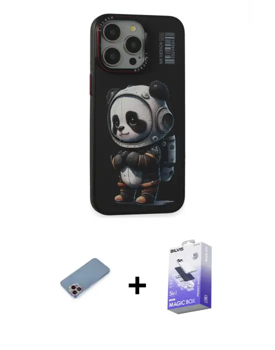 ieg™ iPhone 13 Pro Max Kılıf Siluet Modern Özel Seri - Siyah Bilvis 5in1 5D Magic Hayalet Cam Ekran Koruyucu + Shine Kamera Lens Koruma Cam - PE