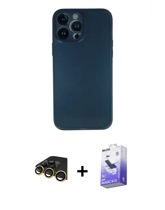 ieg™ iPhone 13 Pro Max Kılıf Yadigar Yansıma Serisi - Siyah Bilvis 5in1 5D Magic Hayalet Cam Ekran Koruyucu + Raze Metal Kamera Lens - GD