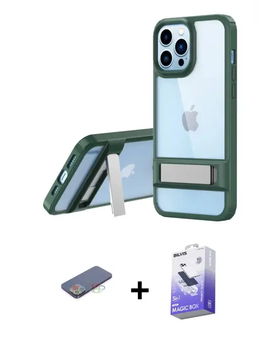 ieg™ iPhone 13 Pro Max Kılıf Yadigar Yansıma - Siyah Bilvis 5in1 5D Magic Hayalet Cam Ekran Koruyucu + Renkli Kamera Lens Koruma Cam - MI