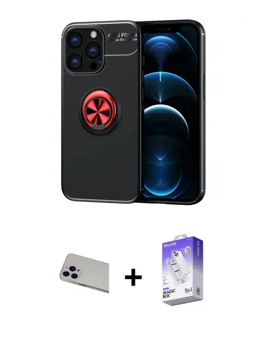 ieg™ iPhone 13 Pro Max Kılıf Yankı Form Prime - Siyah Bilvis 5in1 3D Magic Cam Ekran Koruyucu + Rainbow Kamera Lens Koruma Cam - MR