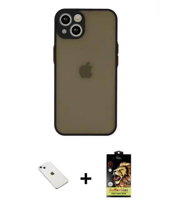 ieg™ iPhone 14 Kılıf Ahenk Çizgi Serisi - Siyah Buffer Cam Ekran Koruyucu + Diamond Kamera Lens - SABE