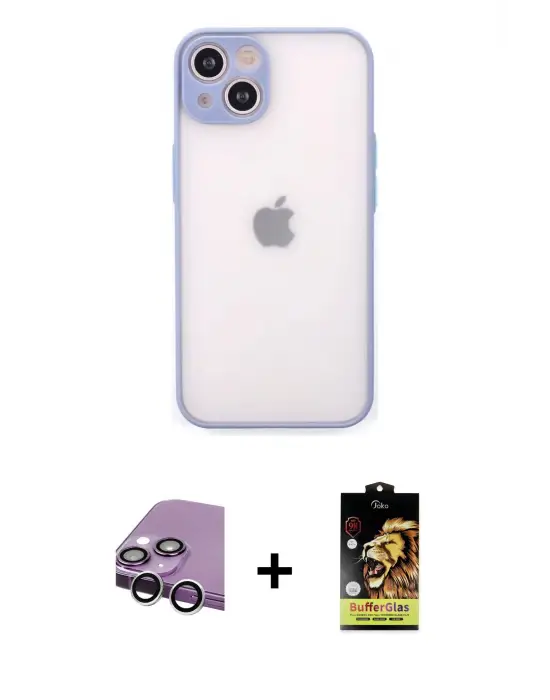 ieg™ iPhone 14 Kılıf Ahenk Çizgi Serisi - Siyah Buffer Cam Ekran Koruyucu + Raze Metal Kamera Lens - GS