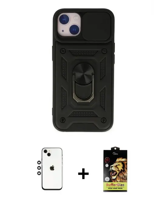 ieg™ iPhone 14 Kılıf Ahenk Klasik - Siyah Buffer Cam Ekran Koruyucu + Shine Kamera Lens - GS