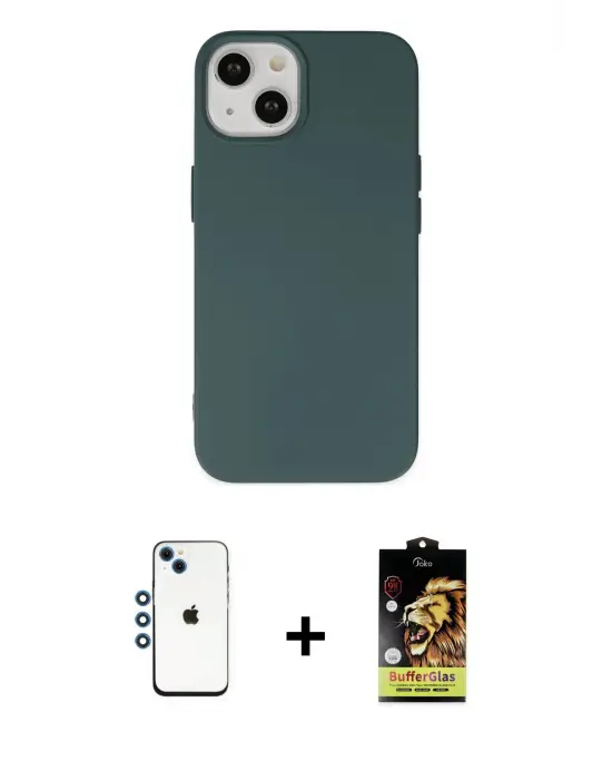 ieg™ iPhone 14 Kılıf Ahenk Serisi - Siyah Buffer Cam Ekran Koruyucu + Shine Kamera Lens - MI