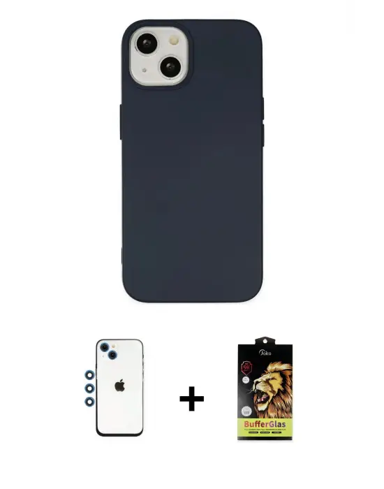 ieg™ iPhone 14 Kılıf Ahenk Serisi - Siyah Buffer Cam Ekran Koruyucu + Shine Kamera Lens - MI