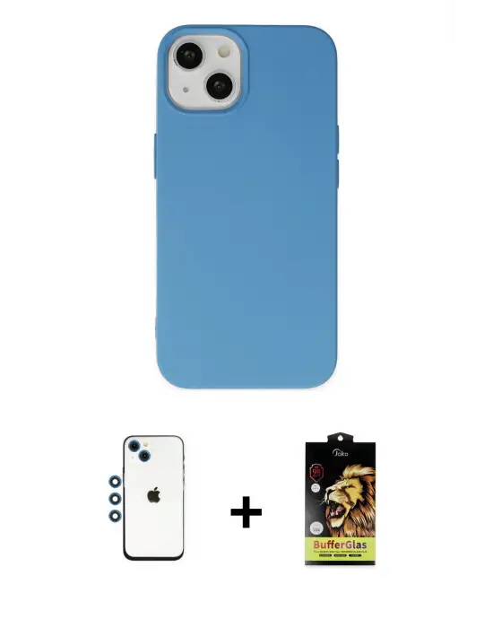 ieg™ iPhone 14 Kılıf Ahenk Serisi - Siyah Buffer Cam Ekran Koruyucu + Shine Kamera Lens - MI
