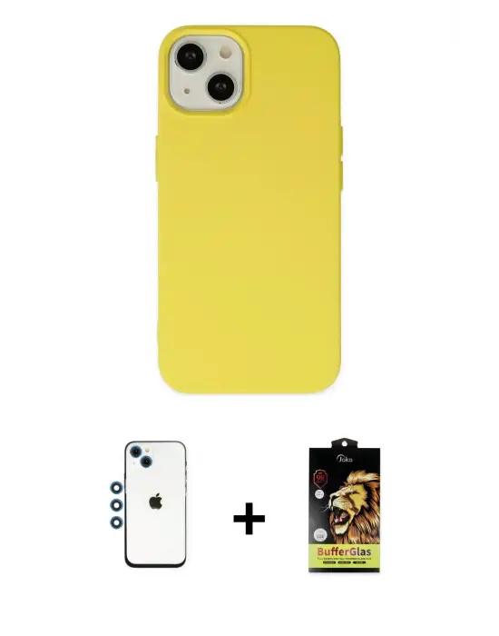 ieg™ iPhone 14 Kılıf Ahenk Serisi - Siyah Buffer Cam Ekran Koruyucu + Shine Kamera Lens - MI