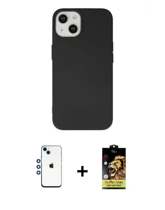 ieg™ iPhone 14 Kılıf Ahenk Serisi - Siyah Buffer Cam Ekran Koruyucu + Shine Kamera Lens - MI