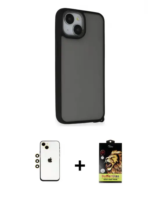 ieg™ iPhone 14 Kılıf Atlas Form - Siyah Buffer Cam Ekran Koruyucu + Shine Kamera Lens - GD