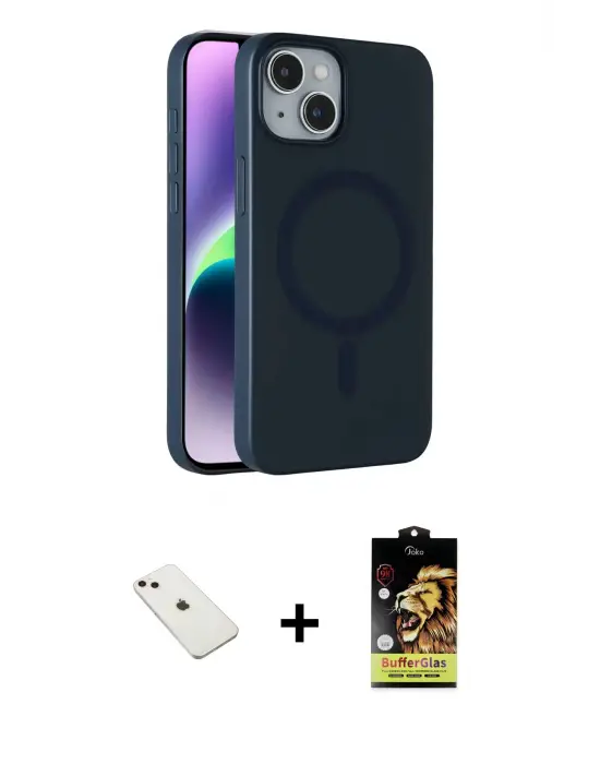 ieg™ iPhone 14 Kılıf Çekirdek Modern Prime - Siyah Buffer Cam Ekran Koruyucu + Diamond Kamera Lens - PE