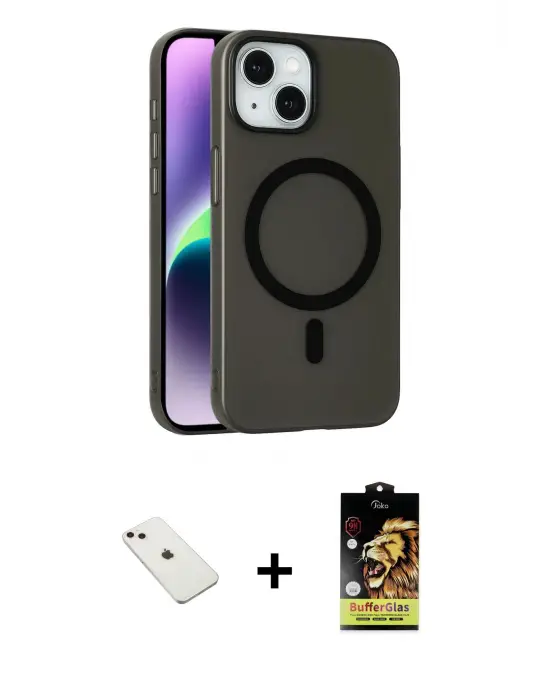 ieg™ iPhone 14 Kılıf Çekirdek Modern Prime - Siyah Buffer Cam Ekran Koruyucu + Diamond Kamera Lens - PE