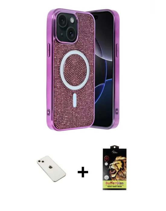 ieg™ iPhone 14 Kılıf Eksen Çizgi - Siyah Buffer Cam Ekran Koruyucu + Diamond Kamera Lens - PE