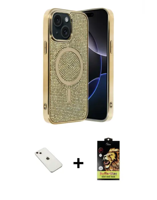 ieg™ iPhone 14 Kılıf Eksen Çizgi - Siyah Buffer Cam Ekran Koruyucu + Diamond Kamera Lens - PE
