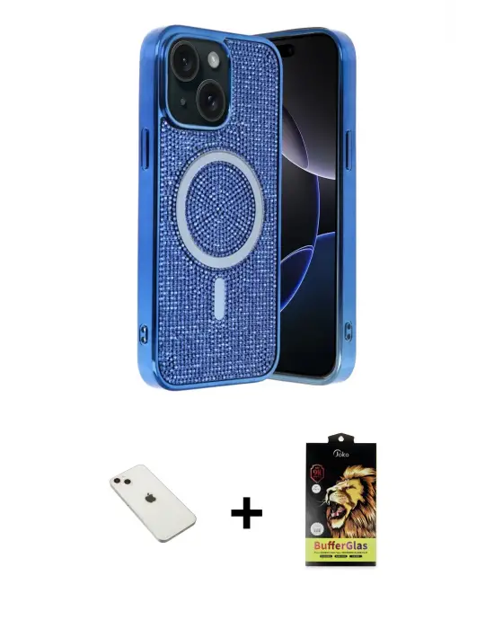 ieg™ iPhone 14 Kılıf Eksen Çizgi - Siyah Buffer Cam Ekran Koruyucu + Diamond Kamera Lens - PE