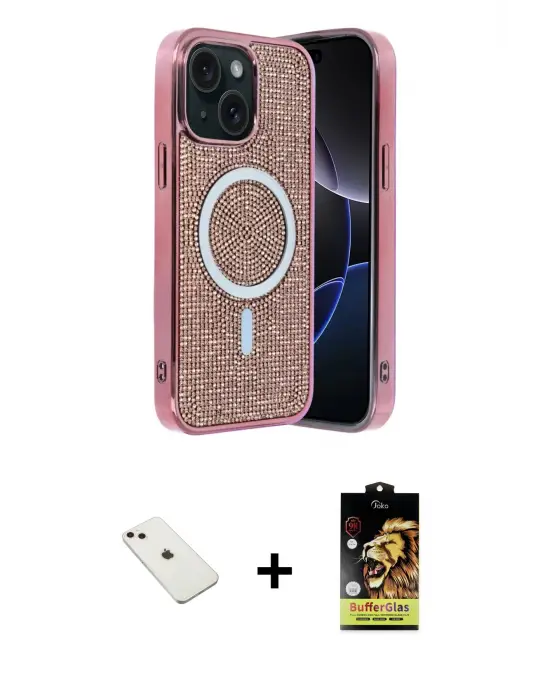ieg™ iPhone 14 Kılıf Eksen Çizgi - Siyah Buffer Cam Ekran Koruyucu + Diamond Kamera Lens - PE