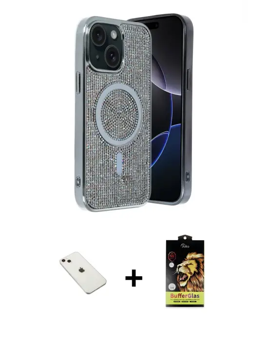 ieg™ iPhone 14 Kılıf Eksen Çizgi - Siyah Buffer Cam Ekran Koruyucu + Diamond Kamera Lens - PE