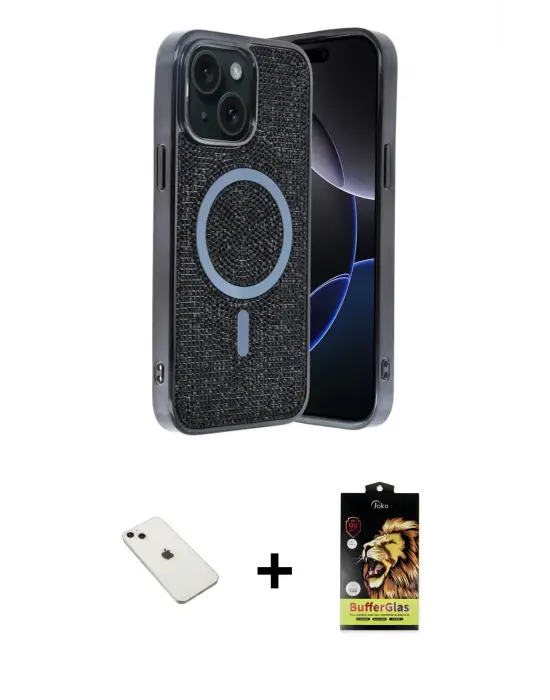 ieg™ iPhone 14 Kılıf Eksen Çizgi - Siyah Buffer Cam Ekran Koruyucu + Diamond Kamera Lens - PE