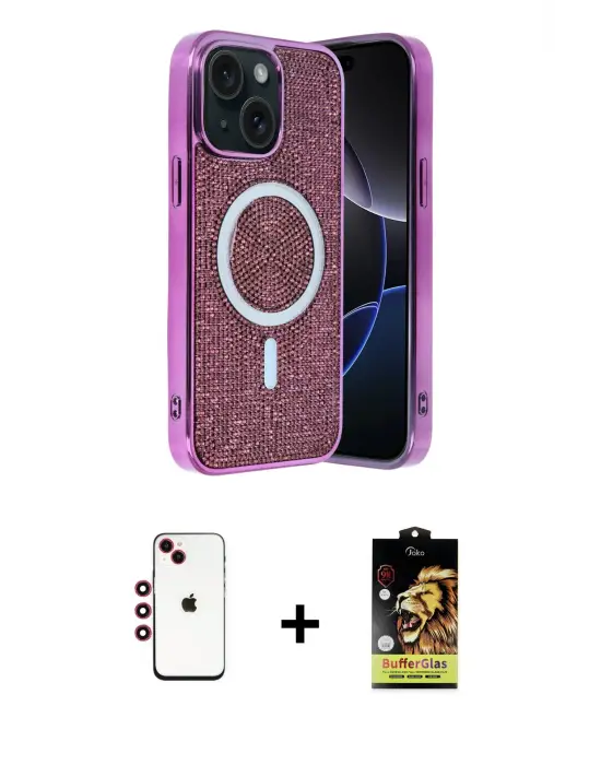 ieg™ iPhone 14 Kılıf Eksen Çizgi - Siyah Buffer Cam Ekran Koruyucu + Shine Kamera Lens - KI